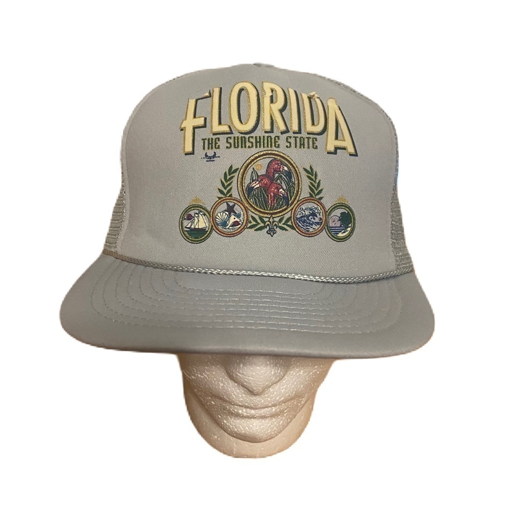 Vintage Florida the Sunshine State Trucker Hat Mesh Back Snap Back Gray Lapel